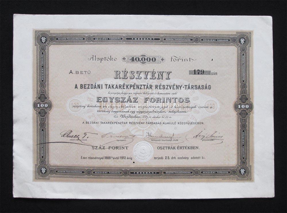 Bezdáni Takarékpénztár részvény 100 forint 1887 (SRB)